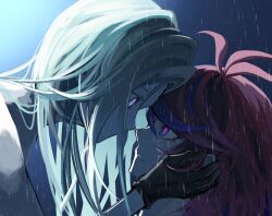 Rule 34 | 2girls, aestro 111, ahoge, aotsuki eito, black gloves, black streaks, blue eyes, commentary, english commentary, eye contact, face-to-face, genderswap, genderswap (mtf), glasses, gloves, grey hair, hand on another&#039;s head, highres, jacket, long hair, looking at another, multicolored hair, multiple girls, no mouth, purple eyes, rain, red hair, short hair, streaked hair, sumino takumi, the hundred line -last defense academy-, variant set, wet