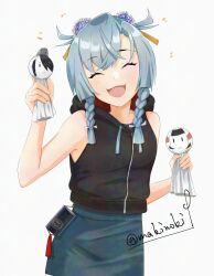1girl black_shirt blue_hair blue_skirt braid commentary_request cowboy_shot faceless faceless_male holding hooded_shirt kantai_collection kumano_maru_(kancolle) makinoki objectification official_alternate_costume shimane_maru_(kancolle) shimane_maru_(rainy_season)_(kancolle) shirt short_hair side_braids sidelocks skirt sleeveless sleeveless_shirt smile solo teruterubouzu twitter_username two_side_up yamashio_maru_(kancolle)