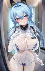 1girl absurdres ahoge bikini bikini_under_clothes blue_bikini blue_eyes blush breasts cowboy_shot doorway gloves goddess_of_victory:_nikke hair_intakes hair_ornament helm_(aqua_marine)_(nikke) helm_(nikke) highres holding holding_gloves holding_unworn_clothes large_breasts looking_at_viewer official_alternate_costume pov_doorway see-through_clothes see-through_shirt shirt solo sun_0205 swimsuit thighs towel towel_around_neck unworn_gloves wet wet_clothes wet_shirt white_gloves white_shirt