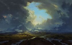 absurdres blue_sky cloud cloudy_sky day highres hill landscape mountain no_humans original outdoors philipp_urlich river scenery signature sky
