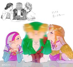 1boy 2girls blonde_hair blue_eyes brown_hair derivative_work dress earrings green_tunic hat highres jewelry link long_hair looking_at_viewer matoma_11 motion_blur multiple_girls nintendo pink_dress pointy_ears princess_zelda simple_background the_legend_of_zelda the_legend_of_zelda:_ocarina_of_time time_paradox triforce tunic