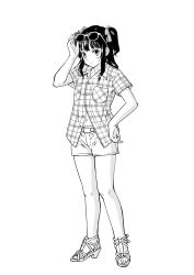 1girl bow commentary_request cosplay dolores_haze dolores_haze_(cosplay) double-parted_bangs full_body greyscale hair_bow halftone highres lolita_(nabokov) miyano_tomochika monochrome navel nishizawa_rika rika_(series) shirt short_sleeves shorts sidelocks simple_background solo standing sunglasses two_side_up white_background