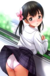 1girl absurdres ass black_hair black_skirt blush bow brown_eyes hair_bow highres long_sleeves looking_at_viewer looking_back matsunaga_kouyou miniskirt nose_blush open_mouth original panties pink_bow pink_panties plaid_clothes plaid_skirt pleated_skirt polka_dot polka_dot_panties shirt skirt solo twintails underwear white_shirt wind wind_lift