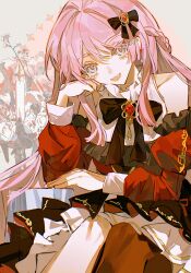 1girl bang_dream! bang_dream!_it&#039;s_mygo!!!!! black_bow black_bowtie bow bowtie braid chihaya_anon clothing_cutout dress fang grey_eyes hair_bow half_up_braid highres hikawayunn long_hair long_sleeves looking_at_viewer open_mouth pink_hair red_brooch red_dress shoulder_cutout solo
