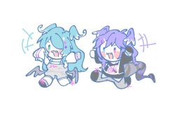 Rule 34 | 2girls, :3, :d, archived source, babbinggui, black shirt, blue eyes, blue hair, blush stickers, braid, chibi, elira pendora, elira pendora (1st costume), fangs, full body, green eyes, hair over one eye, head wings, heterochromia, lanyard, long hair, multiple girls, nijisanji, nijisanji en, one eye covered, open mouth, overall shorts, overalls, pants, pink eyes, purple hair, running, selen tatsuki, selen tatsuki (1st costume), shirt, simple background, smile, tail, third-party source, twin braids, virtual youtuber, white background, white shirt, wings