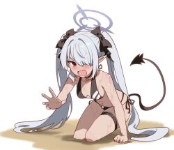 Rule 34 | 1girl, bare shoulders, beach, bikini, black bikini, black tail, blue archive, demon girl, demon tail, grey hair, hair over one eye, ideolo, iori (blue archive), iori (swimsuit) (blue archive), long hair, looking at viewer, official alternate costume, one eye covered, pointy ears, red eyes, solo, swimsuit, tail, thigh strap, thighs, twintails
