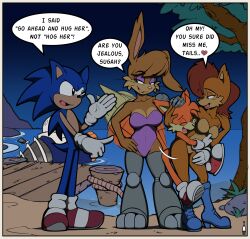 2boys 2girls age_difference ardannorgate blue_boots blue_eyes blue_fur boots breasts brown_fur bunnie_rabbot chipmunk chipmunk_ears chipmunk_girl cleavage excited fox half-closed_eyes hedgehog highres hug hug_from_behind jealous leotard mechanical_arms mechanical_legs multiple_boys multiple_girls multiple_tails night orange_fur purple_leotard rabbit red_shoes sally_acorn seaside shoes single_mechanical_arm sonic_(series) sonic_the_hedgehog speech_bubble squirrel tail tails_(sonic)