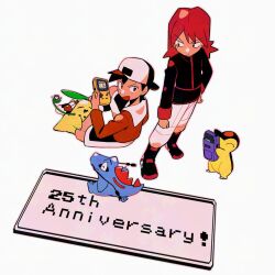 2boys :d anniversary backwards_hat black_footwear black_jacket boots chikorita closed_mouth commentary_request cyndaquil ethan_(pokemon) game_boy game_boy_color gen_2_pokemon handheld_game_console hat highres jacket long_hair long_sleeves male_focus multiple_boys nintendo open_mouth pants pokemon pokemon_(creature) pokemon_gsc red_hair shorts silver_(pokemon) sitting smile standing totodile tyako_089 white_pants