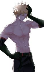 1boy bakugou_katsuki belt black_pants blonde_hair boku_no_hero_academia ddubu elbow_gloves gloves green_belt highres holding holding_own_hair male_focus pants red_eyes short_hair sweat topless_male white_background