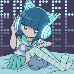 1girl animal animal_ear_headphones animal_ears aqua_sailor_collar aqua_skirt aqua_thighhighs arm_on_knee bandaged_arm bandages bed_sheet black_eyes blue_bow blue_collar blue_hair blunt_bangs bob_cut bow cat cat_ear_headphones collar expressionless ezaki_bisuko fake_animal_ears hand_on_headphones headphones hexagram highres menhera-chan_(ezaki_bisuko) sabukaru-chan_(ezaki_bisuko) sailor_collar school_uniform serafuku short_hair sitting skirt solo star_(symbol) star_of_david striped_clothes striped_thighhighs text_background thighhighs white_serafuku