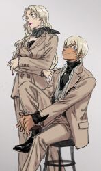 1boy 1girl amuro_tooru blonde_hair blue_eyes crossed_arms formal_clothes grey_background highres holding_own_leg jewelry long_hair looking_ahead looking_to_the_side masso meitantei_conan neckerchief necklace profile purple_lips purple_nails shirt short_hair simple_background sitting smile striped_clothes striped_shirt suit turtleneck vermouth_(meitantei_conan) vertical-striped_clothes vertical-striped_shirt
