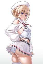 Rule 34 | 1girl, ass, beret, blonde hair, breasts, clothing cutout, commentary, drawstring, english commentary, hat, highres, hololive, hololive dev is, leotard, leotard under clothes, long sleeves, looking at viewer, looking back, miniskirt, multicolored hair, official alternate costume, open mouth, pleated skirt, purple eyes, purple hair, short hair, shoulder cutout, shrug (clothing), simple background, single thighhigh, skirt, skylock, solo, streaked hair, thighhighs, todoroki hajime, todoroki hajime (regloss uniform), two side up, virtual youtuber, white background, white hat, white leotard, white shrug, white skirt, white thighhighs