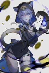 1girl animal_ears animal_hood belt black_gloves black_leotard blue_eyes breasts cat_ears cat_girl cat_hood cat_tail cipher_(honkai:_star_rail) coin commentary coreflame_(honkai:_star_rail) english_commentary fingerless_gloves gloves gold_coin grey_hair highres holding honkai:_star_rail honkai_(series) hood hooded_leotard large_breasts leotard mitunayonju short_hair_with_long_locks simple_background solo tail thigh_belt thigh_strap thighs twitter_username white_background