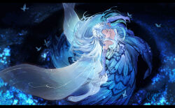1girl animal_print bare_shoulders black_background blue_butterfly blue_dress blue_flower blue_gloves blue_theme bug butterfly butterfly_print butterfly_wings cat_princess chinese_commentary closed_eyes closed_mouth commentary_request dress elbow_gloves floating_hair flower flutter_storm_(infinity_nikki) from_above full_body gloves gown infinity_nikki insect insect_wings letterboxed long_dress long_hair nikki_(series) parted_bangs signature smile solo spinning standing strapless strapless_dress transparent_wings very_long_hair white_hair white_wings wings