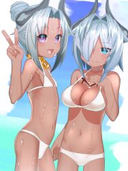 2girls bikini black_horns blue_eyes breasts closed_mouth commentary_request curtained_hair dark-skinned_female dark_skin flat_chest gloggy grey_hair hair_bun hair_intakes hair_over_one_eye halterneck hand_on_own_chest hand_up highres horns jewelry kikyou_(gloggy) large_breasts looking_at_viewer medium_hair multiple_girls navel neck_ring ocean one_eye_covered open_mouth original purple_eyes sky swimsuit v wet white_bikini