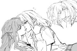 2girls absurdres bang_dream! bang_dream!_it&#039;s_mygo!!!!! blush closed_eyes commentary french_kiss greyscale hand_in_another&#039;s_hair highres kiss long_hair long_sleeves looking_at_another misumi_uika monochrome multiple_girls nideaneng short_sleeves togawa_sakiko tongue tongue_out two_side_up yuri