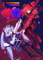 Rule 34 | &gt; &lt;, 2girls, ahoge, arrow (projectile), belt, black boots, blue eyes, blue hair, blue jacket, blue necktie, boots, bow (weapon), capelet, chibi, chibi inset, collared shirt, daidaidaidaidaikirai, detached wings, drawing bow, eye contact, grid background, halo, hatsune miku, health bar, highres, holding, holding arrow, holding bow (weapon), holding weapon, horns, izayoi (i34i22w), jacket, kasane teto, long hair, long sleeves, looking at another, multiple girls, necktie, open mouth, pitchfork, red eyes, red shirt, red skirt, shirt, short hair, signature, skirt, split theme, synthesizer v, thigh boots, thighhighs, twintails, vocaloid, weapon, white shirt, wings