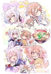 &gt;_&lt; 2girls :3 ? ?? ahoge animal_ear_fluff animal_ears apron arrow_through_heart black_hoodie blush bone_hair_ornament bowl braid brown_eyes brown_hair cartoon_bone cat_ears cat_girl cat_tail chopsticks closed_eyes cooking dog_ears dog_girl dog_tail duplicate eating fangs food hair_ornament heart heartbeat highres hololive hood hoodie hug inugami_korone japanese_clothes kamiya_zuzu kappougi kimono long_hair low_twin_braids multiple_girls nekomata_okayu nekomata_okayu_(1st_costume) open_mouth pink_eyes pink_hair purple_kimono short_hair smile smock soup sparkle spoken_heart table tail tail_wagging tasting tray trembling twin_braids virtual_youtuber