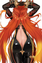 1girl absurdres ahoge arms_behind_head ass ass_focus back back_zipper banyanggo biker_clothes bikesuit black_bodysuit black_gloves blonde_hair bodysuit butt_crack commentary_request cowboy_shot facing_away from_behind genshin_impact gloves hair_tattoo highres long_hair long_sleeves mavuika_(genshin_impact) multicolored_hair orange_hair red_hair simple_background solo two-tone_hair unzipped very_long_hair white_background zipper