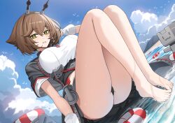 Rule 34 | 1girl, absurdres, arm behind head, ass, bare legs, barefoot, beach, bird, black coat, black panties, black skirt, breasts, brown hair, coat, commission, crop top, from below, full body, gloves, green eyes, grin, hair between eyes, hand on own head, hand up, head wings, heart lock (kantai collection), highres, innertube, jeze, kantai collection, knees up, large breasts, legs, legs together, looking at viewer, looking down, midriff, miniskirt, mutsu (kancolle), ocean, open clothes, open coat, outdoors, panties, pixiv commission, pleated skirt, seagull, short hair, short sleeves, skirt, smile, soaking feet, solo, swim ring, thighs, underwear, upskirt, wet, white gloves, wings