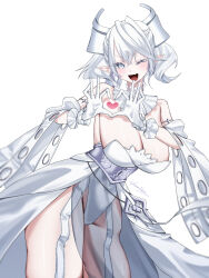 1girl bare_shoulders breasts cleavage cowboy_shot demon_girl demon_horns dress duel_monster earrings grey_eyes grey_hair heart heart_hands highres horns huge_breasts jewelry lovely_labrynth_of_the_silver_castle one_eye_closed pointy_ears sanzakasun simple_background solo strapless strapless_dress white_background white_dress yu-gi-oh!