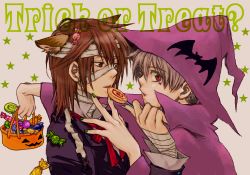 Rule 34 | 00s, 2boys, albino, bandages, black eyes, brown hair, couple, food, formal clothes, grey hair, halloween, haruka, hat, ichinomiya kantarou, male focus, multiple boys, nail polish, red eyes, ribbon, short hair, star (symbol), suit, sweets, tactics, tattoo, witch, yaoi