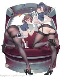 Rule 34 | absurdres, anal beads, ball gag, black hair, black skirt, brown hair, collar, cuffs, gag, garland (decoration), gel, hat, highres, mini hat, miniskirt, pantyhose, party, red eyes, sex toy, skirt, suerte, thighhighs, yellow eyes