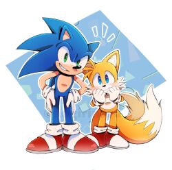 2boys animal_ears animal_nose blue_eyes blue_fur blush fox_boy full_body gloves green_eyes hand_on_own_hip hedgehog_boy looking_at_viewer male_focus misuta710 multiple_boys red_footwear smile sonic_(series) sonic_the_hedgehog tails_(sonic) teeth white_background white_gloves yellow_fur