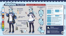 1girl ahoge artist_name bay_area_rapid_transit baylee_(bart) baylee_(goat)_(bart) black_coat black_shoes blue_background blue_hair breasts cellphone coat color_guide dress english_text full_body highres horns long_hair looking_at_viewer medium_breasts multiple_views open_clothes open_coat phone reference_sheet shoes smile solo white_dress yellow_eyes yokura_(yukilina)