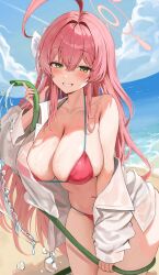 1girl absurdres ahoge bare_shoulders beach bikini blue_archive blue_sky blush bow braid breasts cleavage cloud collarbone collared_shirt commentary_request contrail crossed_bangs day green_eyes hair_between_eyes hair_bow halo halterneck hanako_(blue_archive) hanako_(swimsuit)_(blue_archive) hand_up highres holding holding_hose hose huge_ahoge large_breasts long_hair looking_at_viewer navel ocean official_alternate_costume open_clothes open_shirt outdoors pink_bikini pink_hair pink_halo ponya_0000 shirt single_bare_shoulder single_braid single_off_shoulder sky smile solo standing stomach string_bikini sunlight swimsuit thighs very_long_hair water water_drop wet wet_clothes wet_shirt white_bow white_shirt