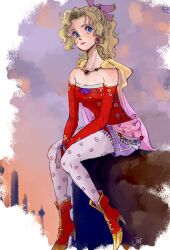 1girl artist_name blonde_hair blue_eyes bracelet breasts cape cleavage closed_mouth detached_sleeves dress earrings final_fantasy final_fantasy_vi full_body gold_trim gradient_cape hair_ribbon highres jas_(jasjasjasart) jewelry light_smile medium_breasts pantyhose parted_bangs pink_cape pink_ribbon ponytail print_pantyhose red_dress red_sleeves ribbon sash solo strapless strapless_dress tina_branford tube_dress waist_sash wavy_hair yellow_cape