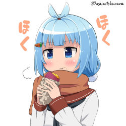 Rule 34 | 1girl, blue eyes, blue hair, breath, brown scarf, carrot hair ornament, eating, food, food-themed hair ornament, food on face, hair ornament, hashimoto kurara, holding, holding food, itsumo hokuto, roasted sweet potato, scarf, school uniform, serafuku, shakunetsu no takkyuu musume, solo, sweet potato, twitter username, upper body