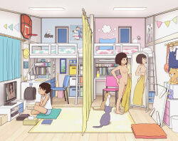 1boy 1girl blue_male_underwear breasts brother_and_sister brown_hair carpet cat chabudai_(table) chair completely_nude curtains desk female_pubic_hair fixed-point_camera indoors kiyo_(kyokyo1220) korilakkuma loaded_interior loft_bed male_underwear mirror nipples nude on_floor ootani_shouhei original pornography poster_(object) pubic_hair reflection rilakkuma san-x shirt short_hair siblings sitting small_breasts smile stuffed_animal stuffed_toy table teddy_bear television time_lapse tissue_box towel underwear watching_television white_shirt window