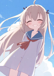 1girl ^_^ ahoge arms_behind_back ascot atri atri-my_dear_moments- black_ribbon blue_sailor_collar blue_sky blush brown_hair closed_eyes cloud commentary day dress dutch_angle facing_viewer grin hair_between_eyes hair_ribbon highres long_hair outdoors red_ascot ribbon sailor_collar sailor_dress sky smile solo standing two_side_up very_long_hair white_dress yuune_(ayanepuna)