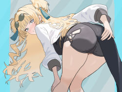 Rule 34 | 1girl, aquamarine725, ass, bent over, black shorts, blonde hair, blue background, blue eyes, blush, commentary request, eyewear on head, from behind, honkai (series), honkai impact 3rd, jacket, kneepits, long hair, looking at viewer, looking back, round eyewear, short shorts, shorts, solo, songque, songque (astralop), sunglasses, two side up, white jacket
