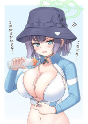 1girl absurdres annoyed bikini blue_archive blush breasts bucket_hat cropped_torso hat highres huge_breasts kotomari0 lotion_bottle lube lube_on_breasts pouring pouring_onto_self saki_(blue_archive) solo swimsuit unzipping white_bikini