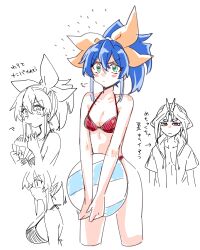 1boy 1girl absurdres ball bare_shoulders beachball bikini blue_hair blush_stickers bow breasts closed_mouth collarbone green_eyes hair_between_eyes hair_bow highres holding holding_ball holding_beachball joeri_(yu-gi-oh!) kaya_rio looking_at_viewer multiple_views ponytail puff_of_air red_bikini red_eyes serena_(yu-gi-oh!) swimsuit translation_request white_background yu-gi-oh! yu-gi-oh!_arc-v