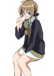 1girl 8sjqzhap4pupzkc absurdres black_jacket brown_hair glasses green_necktie highres jacket long_hair looking_at_viewer lynette_bishop military military_uniform necktie no_pants shirt simple_background simple_bird sitting smile solo strike_witches sweater sweater_vest white_background white_shirt world_witches_series