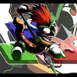 arrow_(projectile) bow_(weapon) bowyer gloves letterboxed mario_(series) mori_no_kaeru nintendo no_humans open_mouth pointing red_eyes red_hair sharp_teeth solo super_mario_rpg teeth weapon zoom_layer