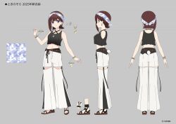 1girl amagai_tarou bandana bare_shoulders bell-bottoms belt_buckle black_tank_top blue_eyes blunt_bangs bracelet brown_hair buckle clothing_cutout collarbone commentary_request company_name copyright_notice criss-cross_halter crop_top earrings full_body gold_bracelet gold_necklace gold_ring halterneck highres hololive jewelry leather_belt looking_at_viewer medium_hair midriff multiple_bracelets multiple_rings multiple_views navel necklace official_alternate_costume official_alternate_hairstyle official_art pants reference_sheet ring sandals simple_background smile solo standing star_(symbol) star_earrings tank_top thigh_cutout tokino_sora tokino_sora_(8th_costume) turnaround virtual_youtuber white_pants