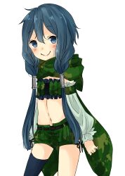 Rule 34 | 1girl, belt, black belt, black thighhighs, blue eyes, blue hair, blush, braid, camouflage, camouflage scarf, camouflage shorts, closed mouth, commentary request, cowboy shot, detached sleeves, flat chest, green scarf, green shorts, green tube top, grey sleeves, hair tubes, long hair, looking at viewer, meiko (nattu303), midriff, navel, ragnarok online, ranger (ragnarok online), scarf, shorts, simple background, single thighhigh, smile, solo, strapless, thighhighs, tube top, twin braids, white background