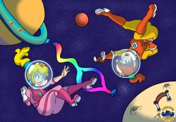 2girls ass blonde_hair blue_eyes boots breasts brown_hair crown earrings floating friends full_body gem gloves helmet jewelry lipstick makeup mario_(series) multiple_girls nervous nintendo open_mouth planet ponytail princess_daisy princess_peach rainbow_road reaching reaching_towards_viewer sidelocks space space_helmet spacesuit super_mario_bros._1 super_mario_land tomboy upside-down