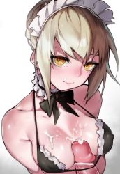 Rule 34 | 1girl, artoria pendragon (fate), bad id, bad pixiv id, bikini, black bikini, blonde hair, braid, breasts, censored, cum, cum on body, cum on breasts, cum on upper body, fate/grand order, fate (series), french braid, frilled bikini, frilled bikini top, frills, highres, looking at viewer, maid, maid bikini, maid headdress, medium breasts, paizuri, penis, roropull, saber alter, saber alter (swimsuit rider), saber alter (swimsuit rider) (second ascension), solo, swimsuit, unconventional maid, upper body, yellow eyes