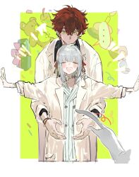 ... 1boy 1girl blunt_bangs bracelet closed_eyes coat collared_shirt gift grey_hair hair_between_eyes hair_ribbon highres jacket jewelry long_sleeves open_clothes open_mouth original outstretched_arms qyzhiaiyisheng red_hair ribbon shirt short_hair smile spoken_ellipsis stuffed_animal stuffed_toy teddy_bear white_coat yellow_eyes