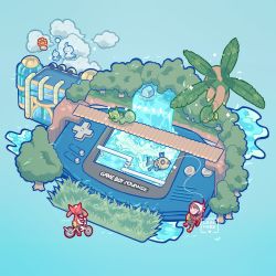 1boy 1girl bandana bicycle blue_background brendan_(pokemon) bridge building castform castform_(normal) castform_(sunny) commentary creature english_commentary feebas fish fishing fishing_rod flying game_boy_advance gen_3_pokemon grass handheld_game_console highres hoenn_route_119 holding holding_fishing_rod kecleon leaphere may_(pokemon) nintendo pokemon pokemon_(creature) pokemon_rse red_bandana rock signature simple_background tree tropius twintails water waterfall