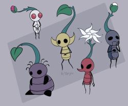 artist_name black_eyes blue_pikmin bud bug closed_mouth flower grey_background hand_on_own_cheek hand_on_own_face hollow_knight ketcheye leaf nintendo no_humans no_mouth own_hands_together parody pikmin_(creature) pikmin_(series) pointy_ears pointy_nose purple_pikmin red_eyes red_pikmin simple_background sitting solid_circle_eyes style_parody third-party_source v-shaped_eyes white_flower white_pikmin yellow_pikmin