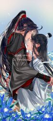 2boys ahoge bishounen black_hair black_hanfu black_robe blue_flower chinese_clothes closed_eyes couple eyelashes field flower flower_field from_side hair_ribbon hanfu high_ponytail highres holding holding_ribbon hug kiss kissing_forehead lan_wangji light_particles long_hair long_sleeves looking_at_another male_focus mg_ms_dayo modao_zushi multiple_boys parted_lips ponytail profile red_ribbon ribbon robe sidelocks sitting sleeves_past_wrists standing topknot twitter_username upper_body very_long_hair watermark wei_wuxian white_hanfu white_ribbon white_robe wide_sleeves xiao_guan_(headdress) yaoi yellow_eyes