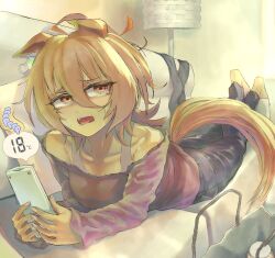 1girl absurdres agnes_tachyon_(umamusume) ahoge animal_ears bare_shoulders barefoot brown_hair chemical_structure commentary_request controller couch crossed_ankles denim ear_tag fingernails furrowed_brow hair_between_eyes highres holding holding_remote_control horse_ears horse_girl horse_tail hot indoors jeans lamp lying medium_hair on_couch on_stomach open_mouth pants purple_shirt red_eyes remote_control shirt solo sweat tail teeth temperature tonariuta umamusume very_sweaty