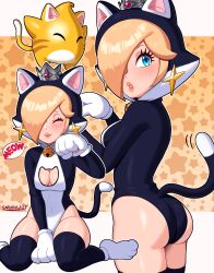1girl 1other absurdres adapted_costume animal_costume animal_hands animal_hood ass bell black_thighhighs blonde_hair blue_eyes blush breasts cat_costume cat_cutout cat_hood cat_rosalina cleavage cleavage_cutout clothing_cutout crown earrings eyelashes gloves hair_over_one_eye highres hood jewelry leotard luma_(mario) mario_(series) medium_breasts mini_crown neck_bell nintendo paw_gloves paw_pose paw_shoes rosalina sarukaiwolf smile speech_bubble star_(symbol) star_earrings super_bell super_mario_3d_world thighhighs