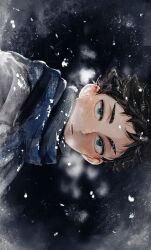 1boy akaashi_keiji black_hair blue_eyes blue_scarf blush breath cold from_side haikyuu!! highres ilst_prac_hq looking_at_viewer male_focus scarf short_hair sideways snow snowing solo winter winter_clothes